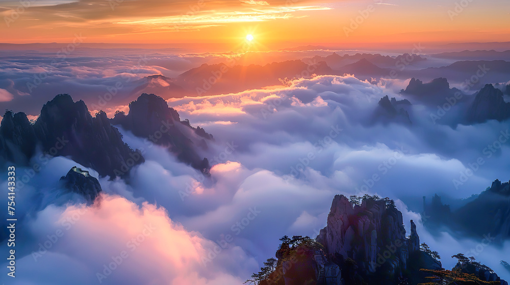 The ethereal beauty of china mountains landscape, is immersed in a captivating sea of clouds. The mystical atmosphere transforms the landscape into an enchanting wonderland