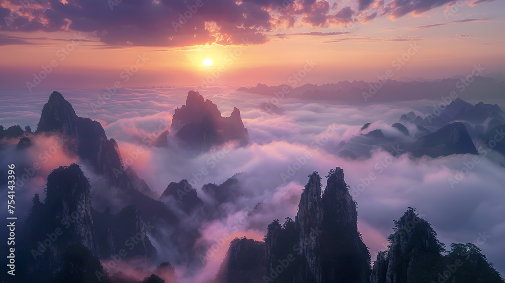 The ethereal beauty of china mountains landscape, is immersed in a captivating sea of clouds. The mystical atmosphere transforms the landscape into an enchanting wonderland - obrazy, fototapety, plakaty 