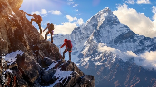 Group of mountaineers climbing challenging peak with safety gear, displaying teamwork and determination with breathtaking mountain view in background. Adventure and exploration. © Postproduction
