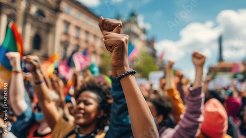 People raising fists for equality. Diverse crowd in solidarity, historic landmarks and flags. Resilience and unity. © Postproduction