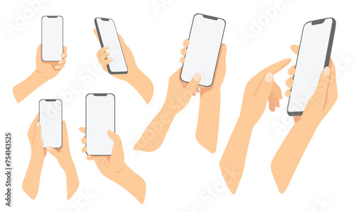 Hands holding smartphone set. Flat vector illustrations isolated on white background 