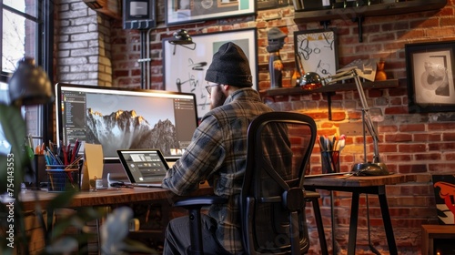Modern office workspace. Creative freelancer at a loft-style desk, surrounded by industrial decor, working on a graphic tablet with scattered art supplies. Urban-industrial meets a