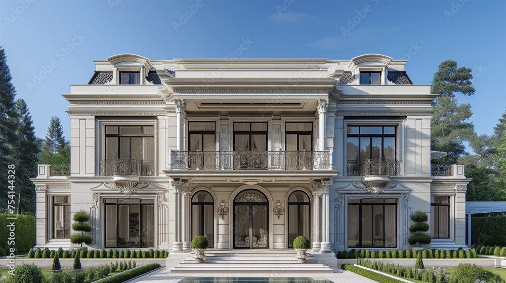 Interior facade of a classic house. 3D rendering of a classic 2-story house Interior facade of a classic house. 3D rendering of a classic 2-story house