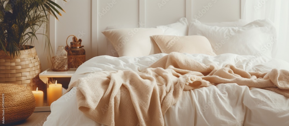 A cozy bed is covered with a white comforter and fluffed pillows. The bright bedroom is decorated with indoor plants and home decor, creating a comfortable and inviting space for relaxation and rest. A cozy bed is covered with a white comforter and fluffed pillows. The bright bedroom is decorated with indoor plants and home decor, creating a comfortable and inviting space for relaxation and rest.