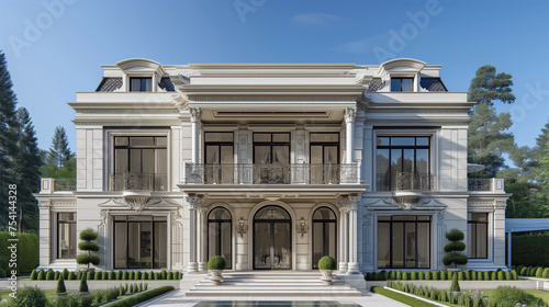 Interior facade of a classic house. 3D rendering of a classic 2-story house