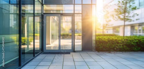 Modern Office Building Entrance at Sunset