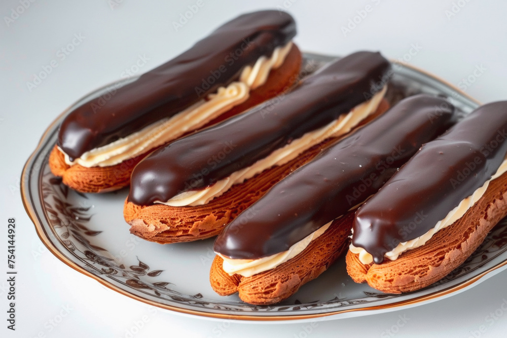 Delicious chocolate-topped eclairs filled with creamy custard, elegantly presented on a plate for a styled food photography shoot against a minimalist background.
Delicious chocolate-topped eclairs filled with creamy custard, elegantly presented on a plate for a styled food photography shoot against a minimalist background.