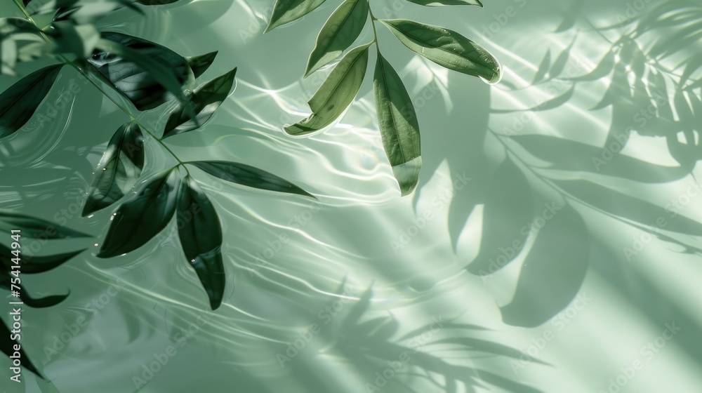 Tropical plant leaves casting shadows on smooth green surface, creating natural and organic pattern. Light and shadow play for natural aesthetics.