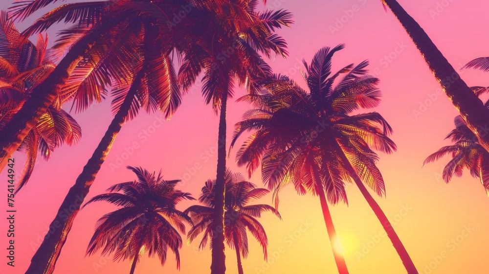 Tropical sunset scenery with silhouette of palm trees against vibrant colorful sky. Vacation and travel in exotic destinations.