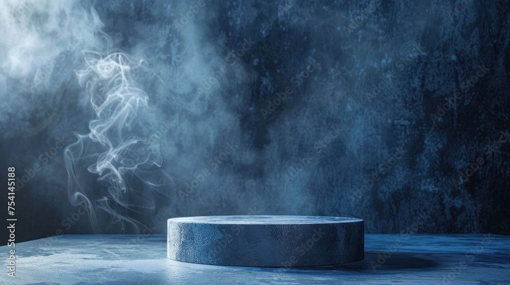 Mysterious smoke rising over minimalist cylindrical pedestal with textured concrete background, suggesting mystical atmosphere for product display. Atmosphere and mood for showcasi