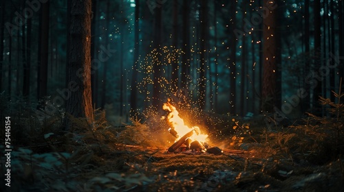 A captivating bonfire in a dense forest, with sparks flying amidst the twilight. The warm light from the fire contrasts with the cool tones of the surrounding woods
