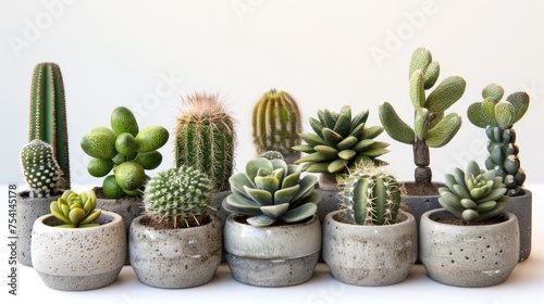 Collection of various cacti and succulents in modern concrete pots arranged in neat row against clean white background. Indoor gardening and minimalist decor.