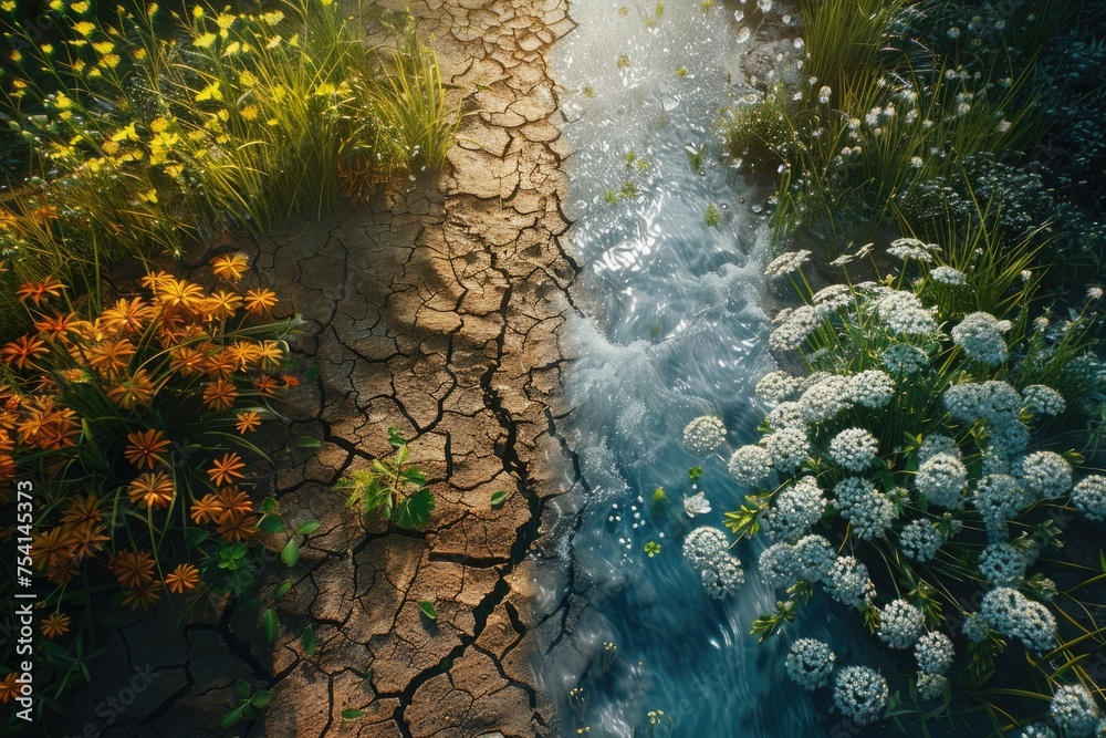 A split-image showing one side with a dry, cracked earth and the other side flourishing with greenery and a flowing stream, symbolizing the regeneration that comes from water conservation efforts. 8k