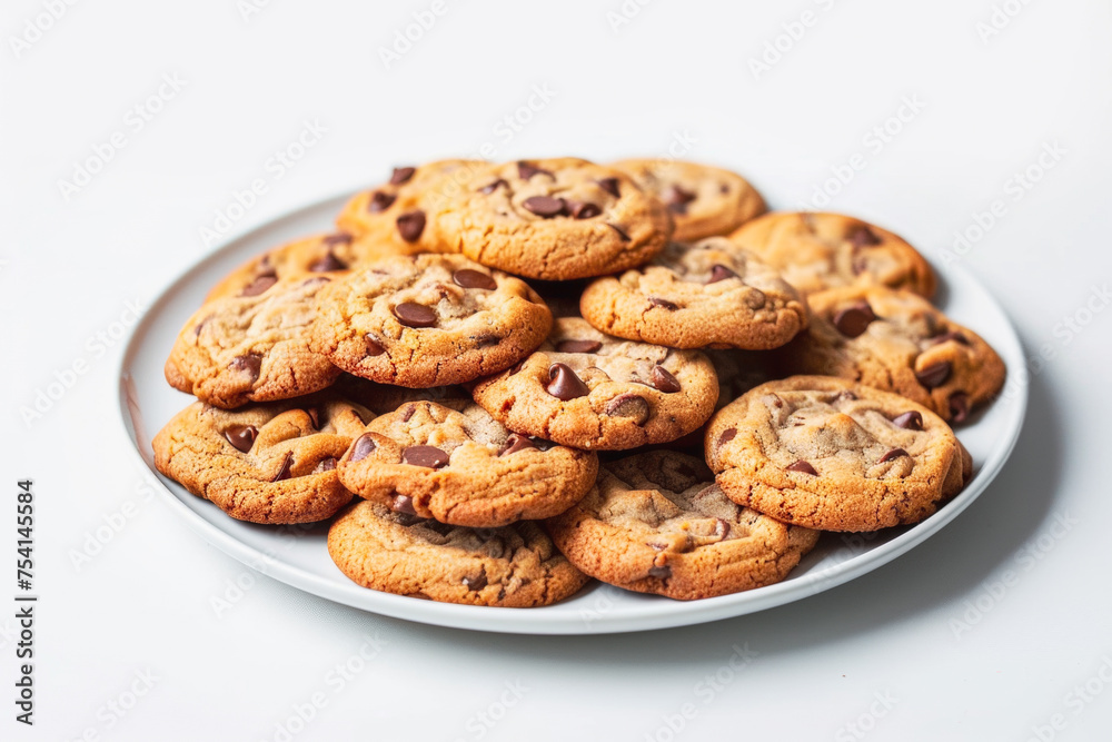 delicious Chocolate Chip Cookies  a plate piled high with freshly baked chocolate chip cookiesfor a styled food photography shoot minimalist background