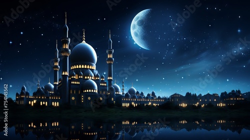 Majestic mosque silhouetted against the crescent moon: ramadan kareem eid mubarak celebration, islamic architecture, night sky view - cultural and religious image
