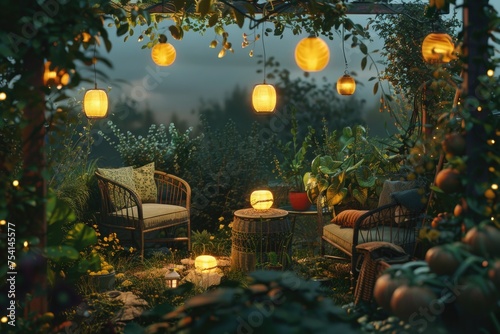 An eco-friendly rooftop space with solar-powered lanterns illuminating a green garden, where seasonal vegetables and herbs are grown. 