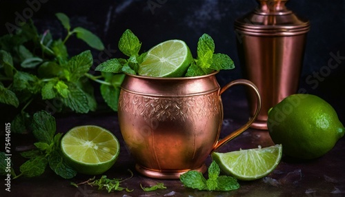 Copper Elegance: The iconic copper mug of the Moscow Mule against a sophisticated backdrop, featuring a garnish of fresh lime wedges and sprigs of mint, evoking a sense of timeless elegance.