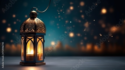Enchanting ramadan lantern illuminated by magical bokeh lights: cultural celebration image
 photo