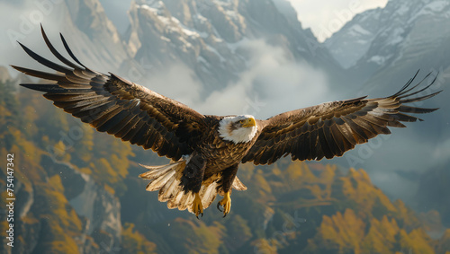 Majestic eagle soaring over mountains, sharp eyes scouting the terrain, feathers detailed against a clear sky