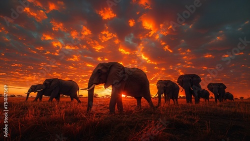 Herd of elephants at sunset, silhouettes against a fiery sky, showcasing their grandeur and family bonds © akarawit