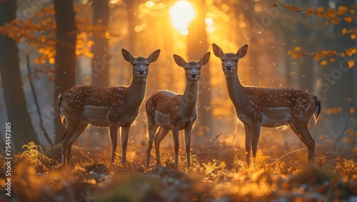Graceful deer prancing in a misty forest, sunlight filtering through trees, capturing serene wildlife moments © akarawit