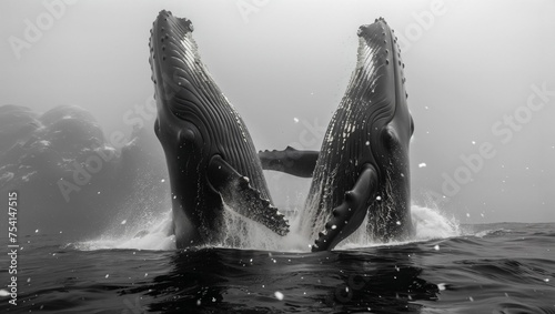 Majestic whales breaching, water cascading off their massive bodies, a display of natures grand scale © akarawit