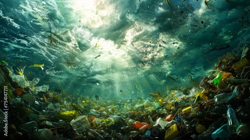 Plastic waste in seawater Pollution in oceans, rivers, canals, roads. Illustration of contaminated nature.