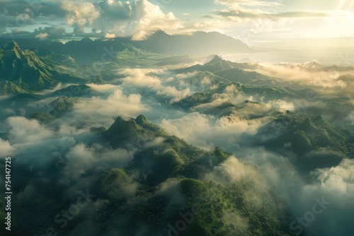 An aerial view of a foggy tropical valley at sunrise, with the tips of the mountains peeking through the sea of clouds.