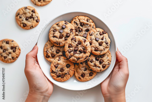 A delectable display of freshly baked chocolate chip cookies piled high on a plate, gracefully held in hands for a minimalist styled food photography shoot.