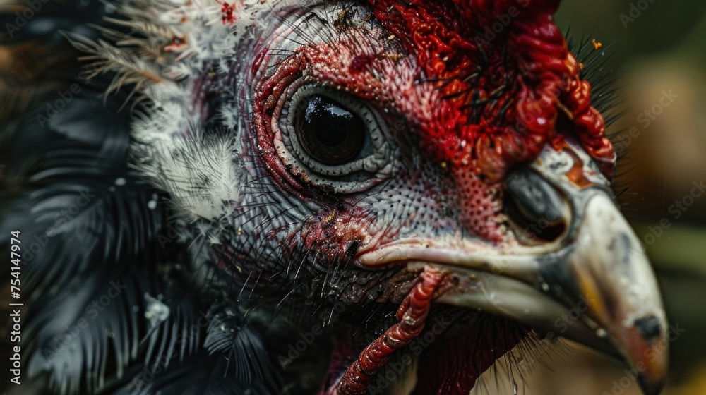 Close-up view of rooster with detailed feathers and vibrant comb, showcasing intricate textures and colors of poultry. Domestic bird and agriculture.