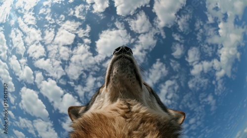 Bottom view of a wolf against the sky. An unusual look at animals. Animal looking at sky