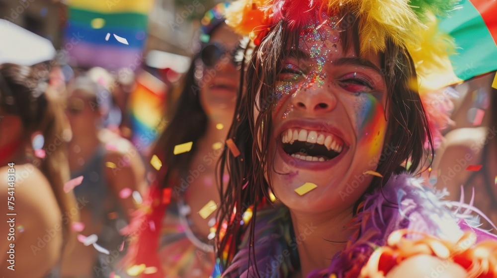 Pride parade celebration. vibrant costumes, rainbow flags, and messages of equality fill the streets with joy and solidarity. Pride parade celebration. vibrant costumes, rainbow flags, and messages of equality fill the streets with joy and solidarity.