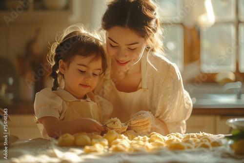 Mother and child daughter preparing food together at kitchen