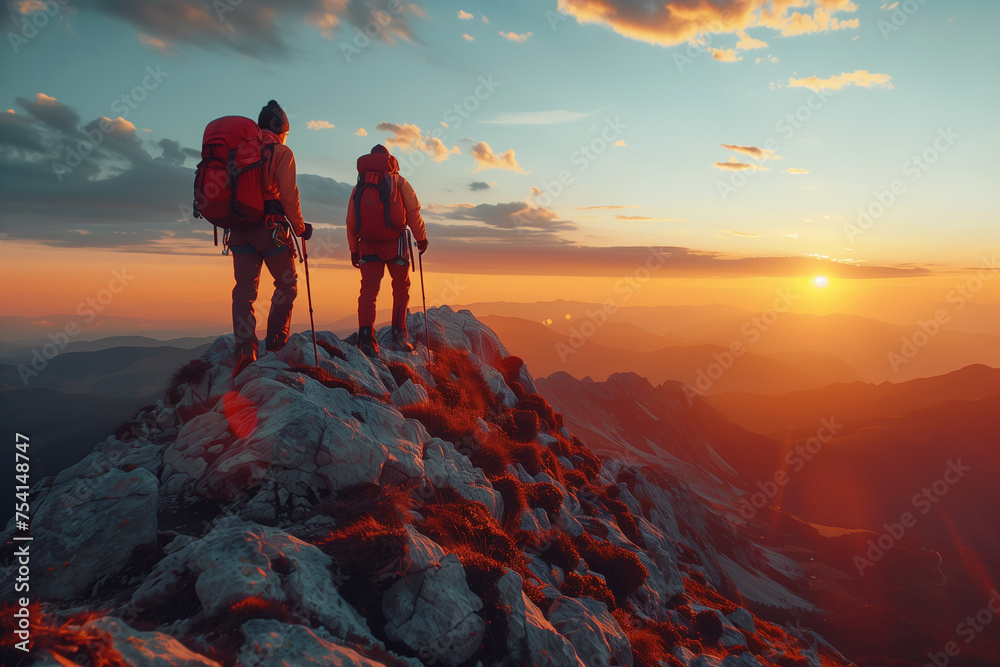 Hikers helping each other to climb stone at sunset in mountains. Climbing on high rock in evening nature. Tourism, traveling and healthy lifestyle concept - obrazy, fototapety, plakaty 