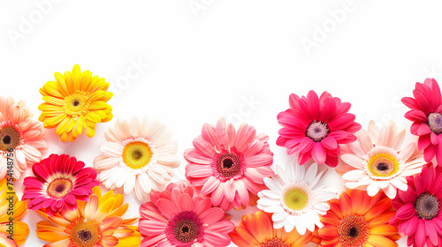 A beautiful set of multicolored gerbera flowers on a white background. Design for a postcard.