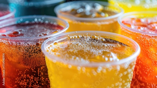 Bubbly Beverages in Plastic Cups: A Closeup of Carbonated Drinks with Bubble Carbonation, Varied Cafes' Caffeine Inducing Choices in Cans photo