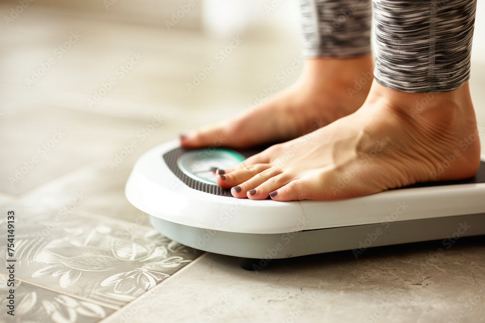 Fototapeta premium photo of woman weighing herself on scale