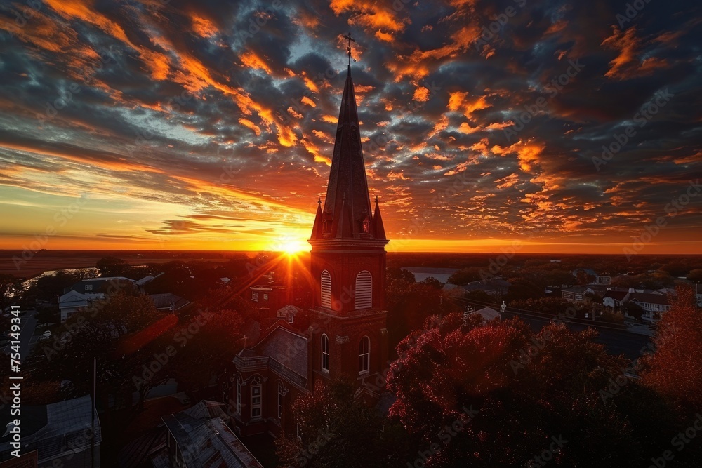 Church Steeple at Sunset: Aerial View of Historic Building in Beaufort, South Carolina Embracing Faith and Christianity - obrazy, fototapety, plakaty 