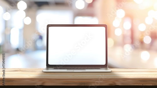 Modern Laptop with Blank Screen on Wooden Table