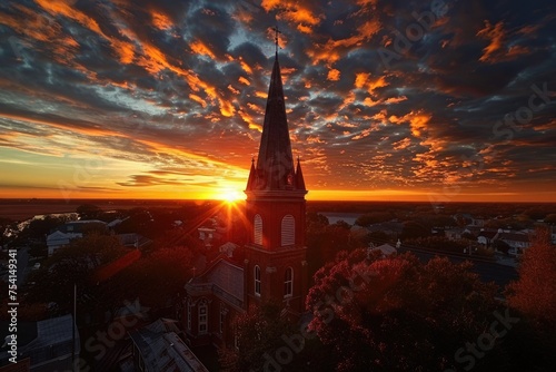 Church Steeple at Sunset: Aerial View of Historic Building in Beaufort, South Carolina Embracing Faith and Christianity photo