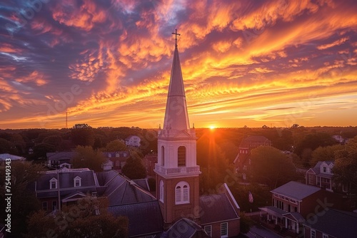 Church Steeple at Sunset: Aerial View of Historic Building in Beaufort, South Carolina for Faith, Christianity and God
