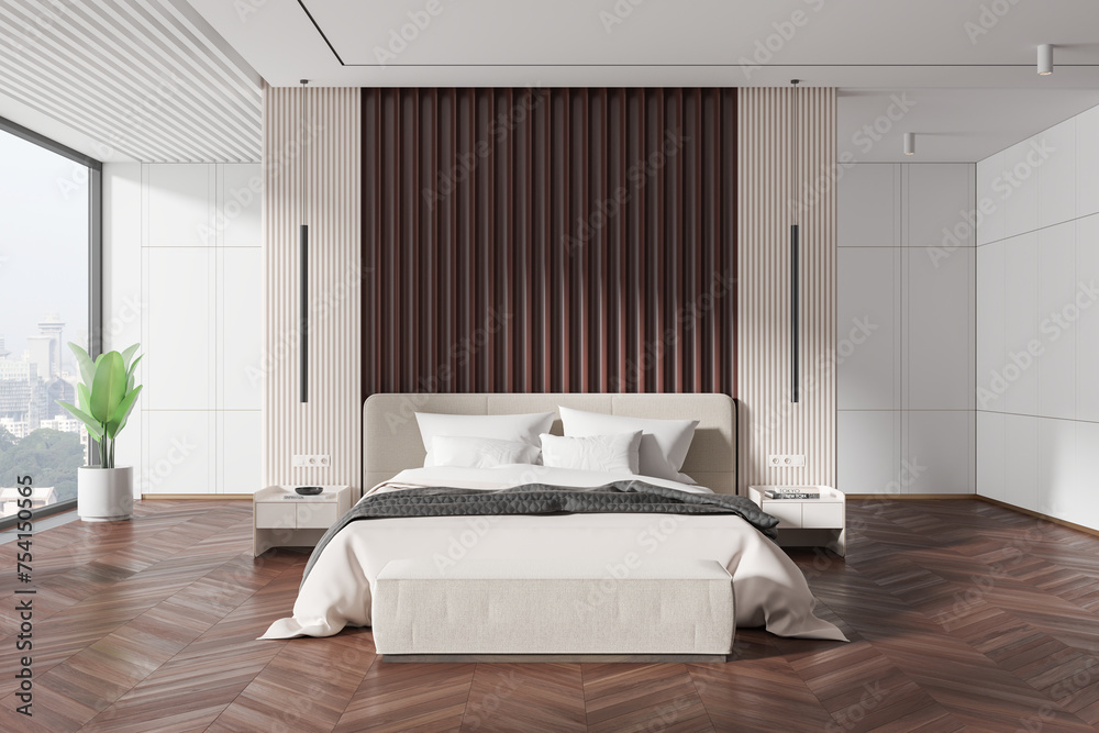 Obraz premium White and brown master bedroom interior