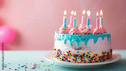 Tasty Birthday cake on table against color background .