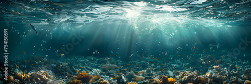 Marine and Ocean Pollution with Microplastic, Ocean floor with rocks amazing underwater world seascape  © Abdul
