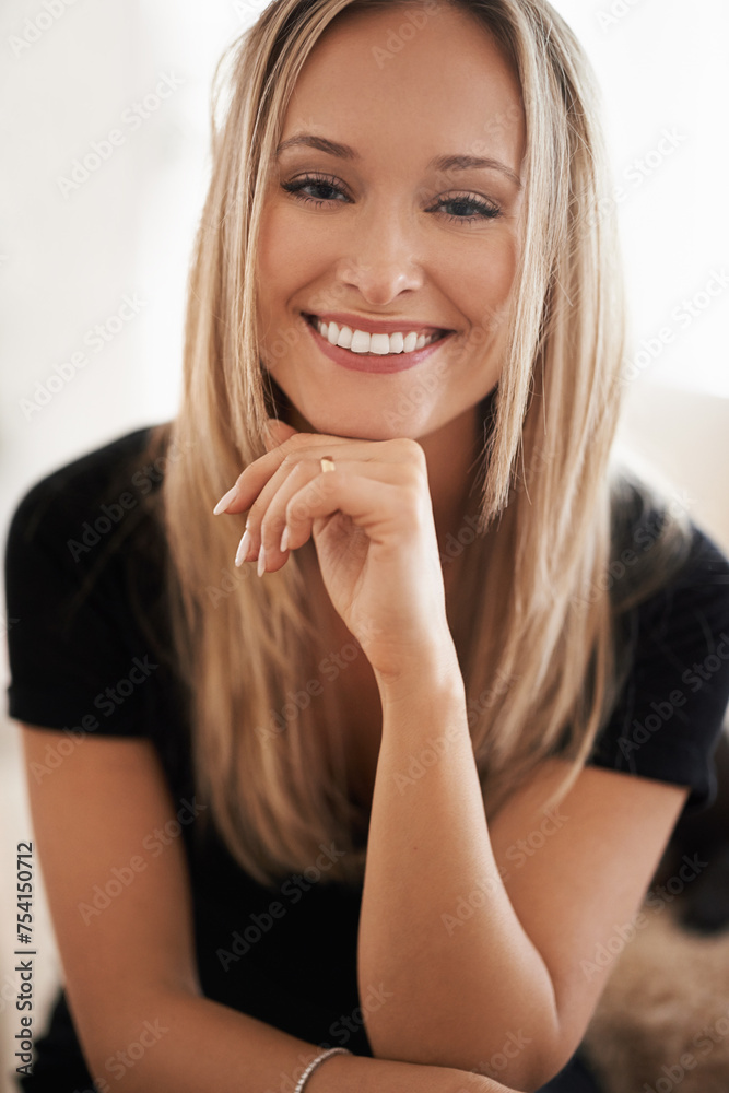 Portrait, happy woman and relax on break indoor, wellness and confidence of freelancer in home. Face, positive and blonde lady with rest in lounge, mindfulness and remote job for choice in apartment Portrait, happy woman and relax on break indoor, wellness and confidence of freelancer in home. Face, positive and blonde lady with rest in lounge, mindfulness and remote job for choice in apartment