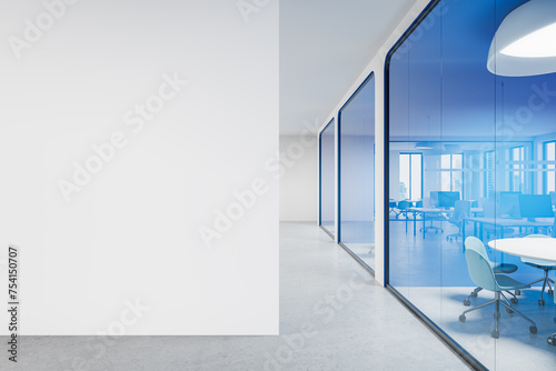 Elegant office room interior with round table and chairs  mock up wall