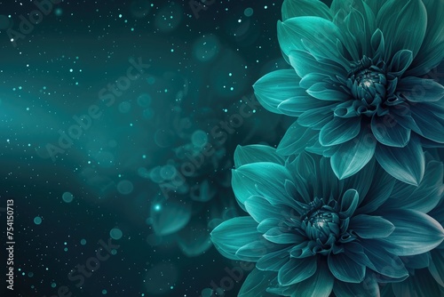 Abstract background with teal flowers and starry night sky. 8k