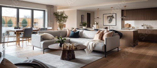 The living room is elegantly furnished with modern furniture, showcasing a mix of textures and colors. A large window fills the room with natural light,