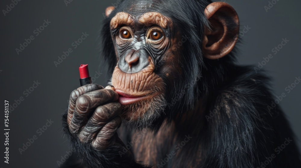 The monkey is holding red lipstick in his hands. Parody of a beauty ad with a chimpadzee