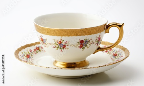 White porcelain cup and saucer with a pattern on a white background
